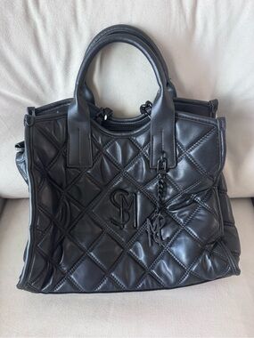 Steve Madden Black Quilted Satchel with Charm Accent